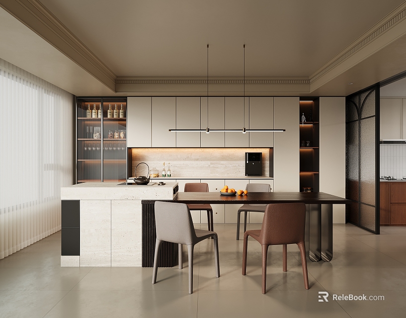 Modern Restaurant Interior With Dining Table Chairs Hanging Lights And Open Kitchen Area 3d model 