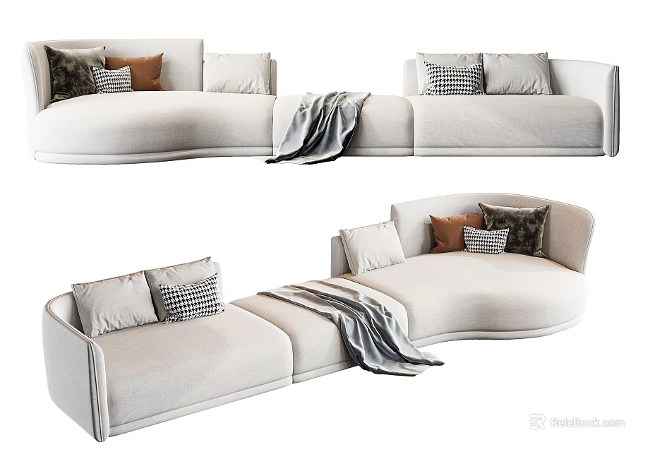 Modern Curved Cream Colored Sectional Sofa With Plaid Pillows And Gray Blanket 3d model 
