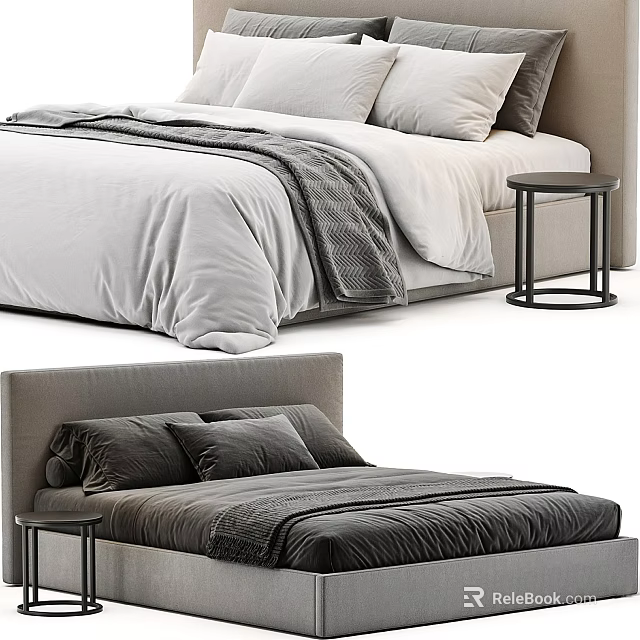 Modern Double Bed With Soft Bedding Plush Pillows And Side Table 3d model 