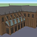Ancient Gothic Building With Arched Windows Pointed Spires Cross Decorations And Gray Roof