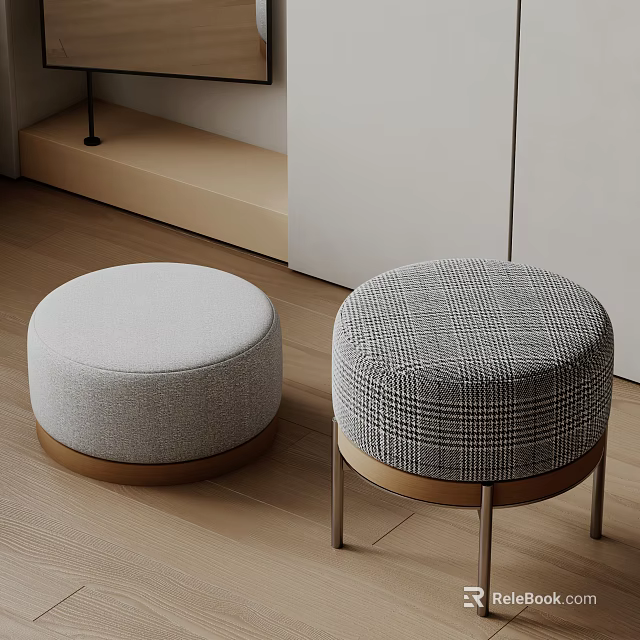 Modern Fabric Ottoman Stools Featuring Light Gray And Checkered Patterns With Metal Legs 3d model