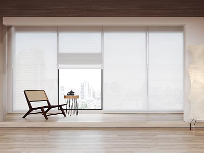 Modern Room Interior With White Roller Curtains And City View Wooden Floor 3d model