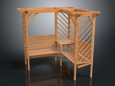 Wooden Garden Pergola Structure With Lattice Design Bench And Shelves 3d model