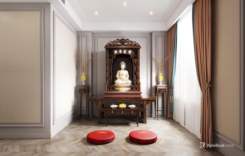 Chinese style Buddhist Prayer Room with Buddha Statue in Wooden Shrine Red Cushions and Flower Vases 3d model 