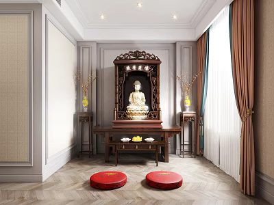 Chinese style Buddhist Prayer Room with Buddha Statue in Wooden Shrine Red Cushions and Flower Vases 3d model