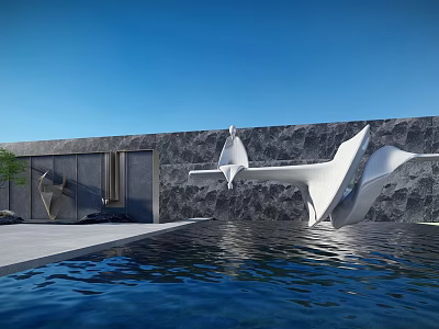 Modern White Landscape Sculpture With Water Pool Reflection And Gray Wall Background 3d model