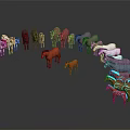 Colorful Horses Of Various Sizes In Circular Arrangement As 3D Models On Gray Background