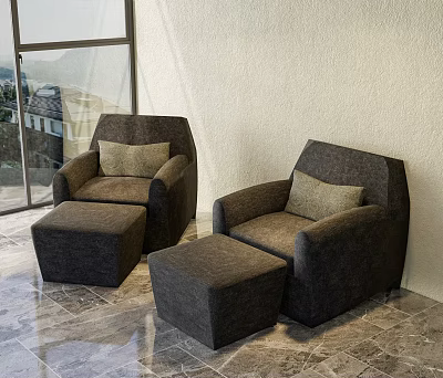 Dark Gray Armchairs With Matching Ottomans In Room Large Window Light Wall And Marble Floor 3d model