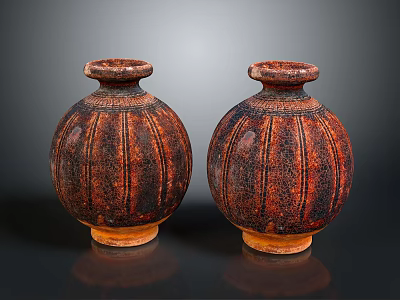 Pair of Handcrafted Ceramic Vases With Brown Red Striped Pattern And Yellow Base 3d model