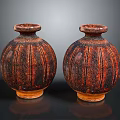 Pair of Handcrafted Ceramic Vases With Brown Red Striped Pattern And Yellow Base