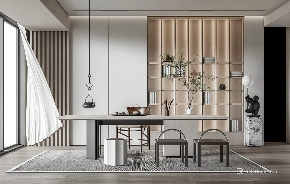 Modern Open Tea Room Interior Design With Wooden Table Chairs Vase Plants And Tea Sets 3d model 