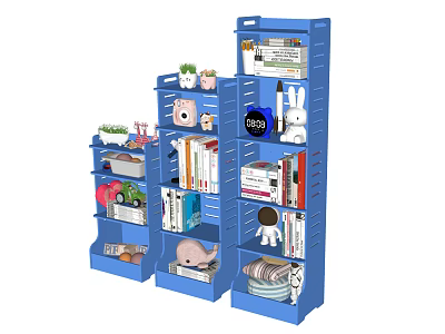Blue Multilayer Bookshelf with Books Stuffed Toys Potted Plants and Decor Items 3d model