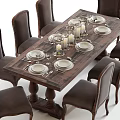 Classic Wooden Dining Table Set With Leather Chairs Candles And Dinnerware