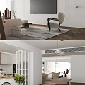 Modern Living Dining Room Interior With White Bookshelves Beige Sofa And Wooden Coffee Table
