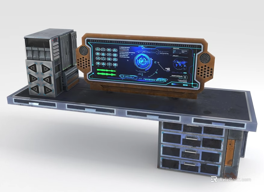 Computer Workstation with Large Display Screen Digital Control Interface Server Equipment and Storage Drawers 3d model 
