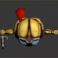 Cartoon Man In Yellow Red Outfit With Goggles Holding Small Airplane Model On Dark Background