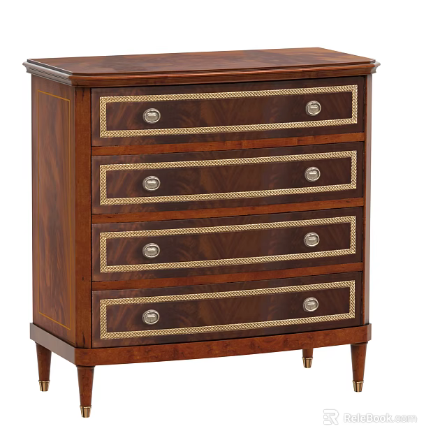 Classic Wooden Chest of Drawers With Four Metal Handles Gold Accent Trim And Tapered Legs 3d model 