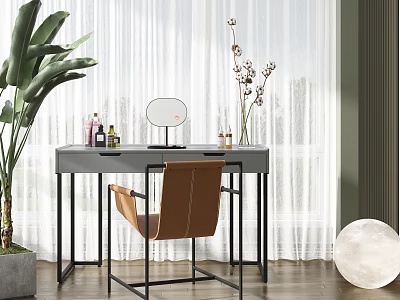 Elegant Modern Dressing Table with Black Frame Round Mirror Brown Chair and Green Plant 3d model