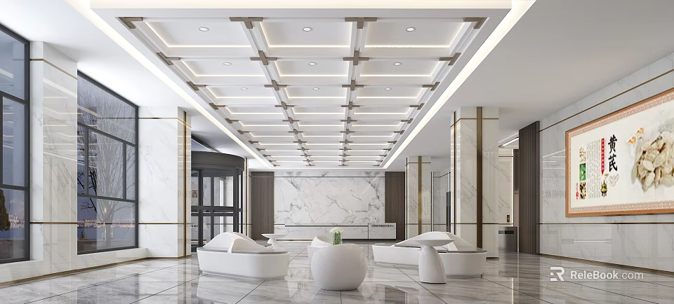 Modern Lobby Front Desk Reception With Marble Wall White Sofa And Geometric Ceiling Design 3d model