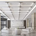 Modern Lobby Front Desk Reception With Marble Wall White Sofa And Geometric Ceiling Design 3d model