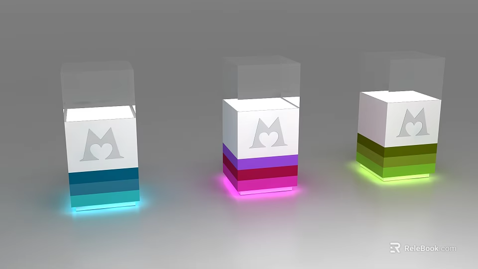 Three Colorful Layered Display Shelves With Transparent Lids Bottom Illuminated And Heart Logo 3d model 