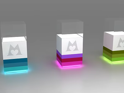 Three Colorful Layered Display Shelves With Transparent Lids Bottom Illuminated And Heart Logo 3d model