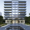 Modern High Rise Residential Building With Glass Facade Water Pool Reflection And Trees