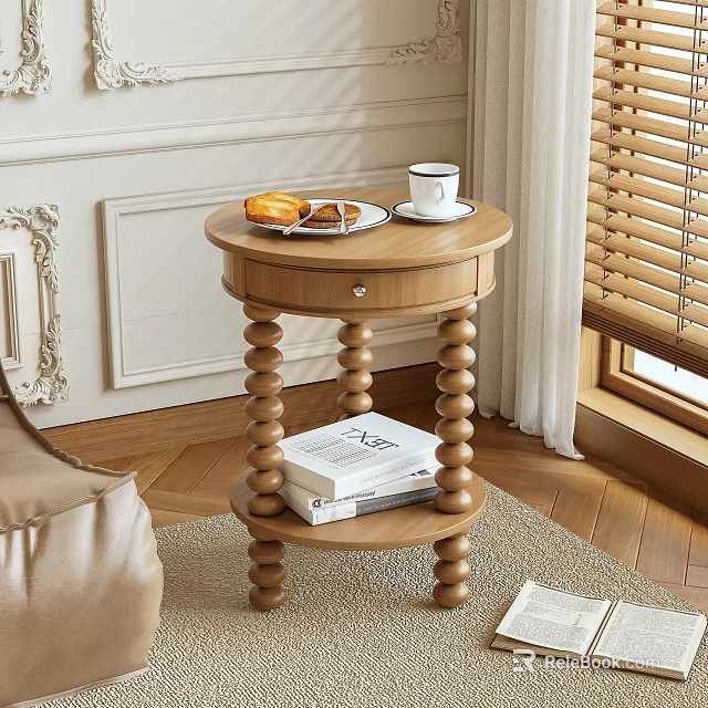 Round Wooden Side Table With Beaded Legs Plate Cup On Top And Books Below 3d model 