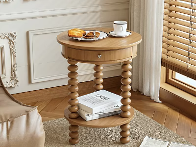 Round Wooden Side Table With Beaded Legs Plate Cup On Top And Books Below 3d model