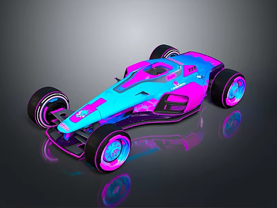 Futuristic Race Car With Pink And Blue Gradient Shiny Body And Large Wheels 3d model