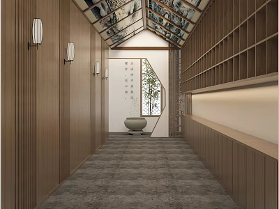 Elevator Hallway Interior Design With Wooden Walls Wall Lamps Ceiling Decor And Gray Carpet 3d model