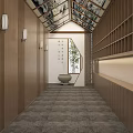 Elevator Hallway Interior Design With Wooden Walls Wall Lamps Ceiling Decor And Gray Carpet