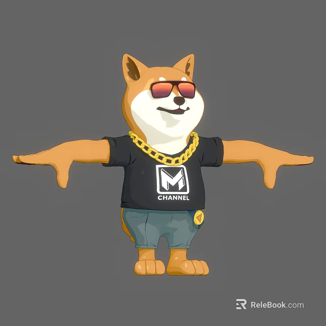 Cartoon Shiba Inu Sculpture with Red Sunglasses Black T-shirt Gold Chain Arms Outstretched Blue Shorts 3d model 