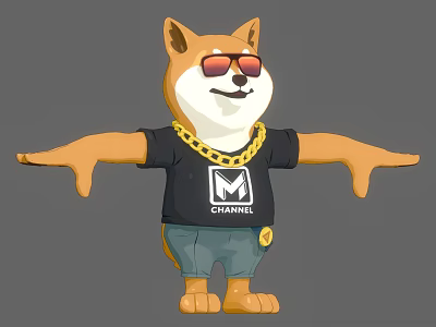 Cartoon Shiba Inu Sculpture with Red Sunglasses Black T-shirt Gold Chain Arms Outstretched Blue Shorts 3d model