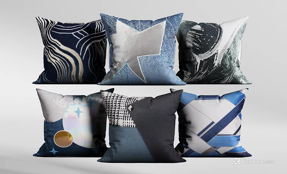 Modern Decorative Throw Pillows With Abstract Geometric Patterns And Wave Designs 3d model