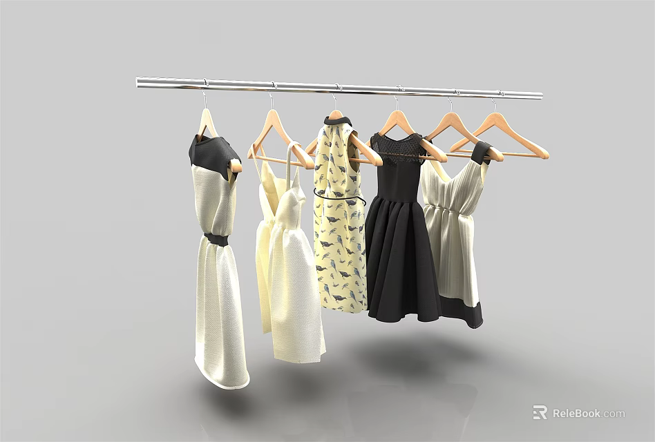 Stylish Dresses Hanging On Wooden Hangers With Various Colors And Patterns 3d model 