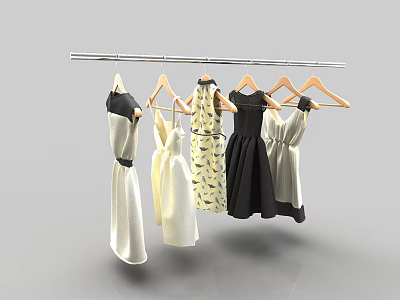 Stylish Dresses Hanging On Wooden Hangers With Various Colors And Patterns 3d model