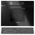 Modern Black Stainless Steel Kitchen Appliances Including Refrigerator Oven And Range Hood