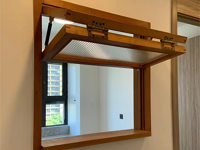 Wooden Wall Mounted Mirror With Foldable Lid Reflecting Window And Room View 3d model