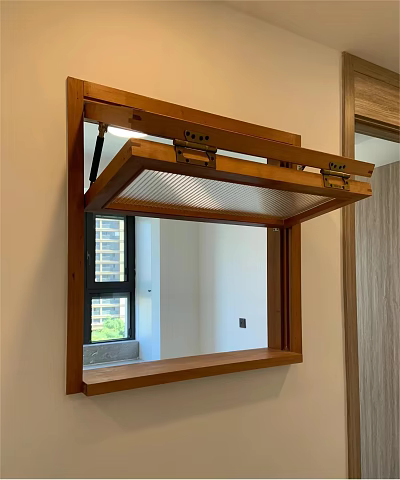 Wooden Wall Mounted Mirror With Foldable Lid Reflecting Window And Room View 3d model
