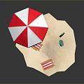 Red And White Striped Sofa Stool On Sandy Ground With Umbrella And Green Sign
