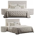 Modern Light Colored Double Bed With Tufted Headboard Bedspread Pillows And Nightstand