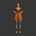 Woman With Orange Hair Wearing Orange Dress Green Gem Necklace Blue Tights And Orange Boots