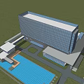 Modern Hotel Building With Glass Facade Blue Pool Green Lawn And Attached Lower Structure