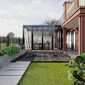 Garden Landscape Featuring Glass Roofed Terrace Red Brick Building Green Lawn And Outdoor Seating