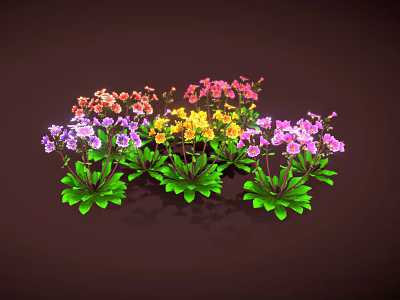 Vibrant Blooming Flowers Pink Yellow Purple Orange With Green Leaves On Brown Background 3d model