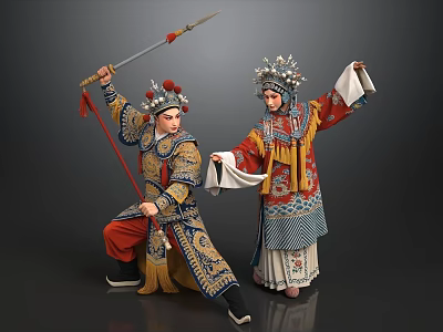Traditional Chinese Opera Characters In Ornate Costumes With Headdress And Spear 3d model