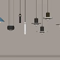 Stylish Pendant Lights In Multiple Designs And Assorted Colors Hanging On Gray Backdrop 3d model