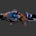 Cyberpunk Style Motorcycle With Blue Pink Body Tiger Graphics Red Jacket Rider And Pink Wheels