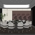 Modern Private Dining Room Interior With Round Table White Chairs Decorative Wall And Wine Cabinet